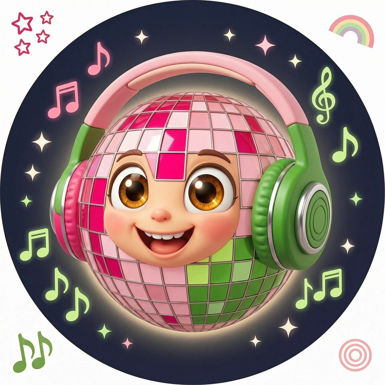 A vibrant, eye-catching circular 3D logo icon for a children's music channel. In the center, a cute and happy cartoon disco ball character with big expressive eyes and a…