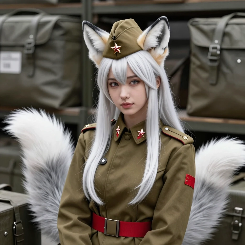 A beautiful Kumiho girl wearing a Soviet military peaked cap (furazhka) with an olive-green top and a red band, with a small gold star badge. She has long white hair and…