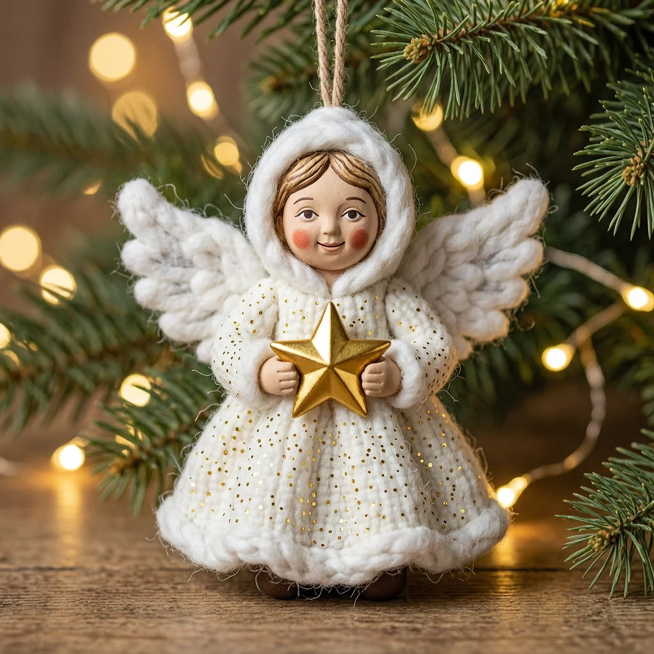 Vintage handmade cotton wool Christmas tree ornament, a cute little angel girl. She has a delicate hand-painted clay face with rosy cheeks and a sweet smile. She is wearing a…
