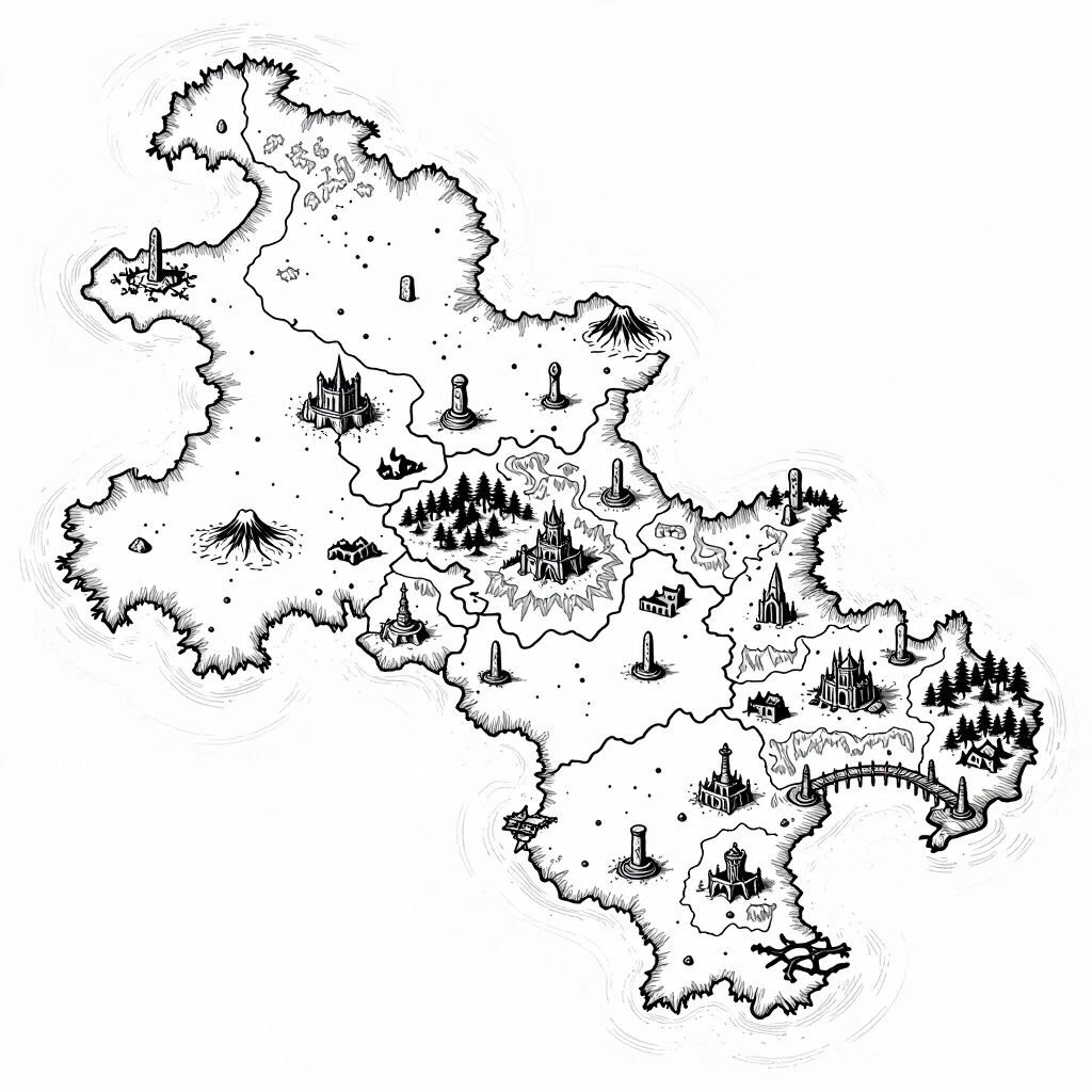 2D top-down authentic gritty dark fantasy large-scale strategic nautical map, high-detail medieval woodcut style, inspired by Tainted Grail: Fall of Avalon. Pure white…