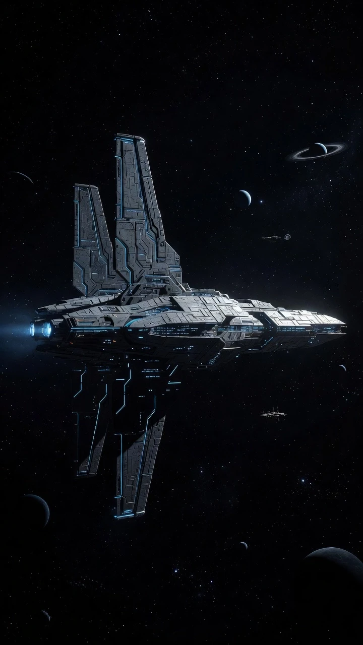 Wide cinematic sci-fi shot of a heavily detailed tactical spaceship with a massive vertical wing design, floating in deep space. The ship is positioned at a medium distance,…