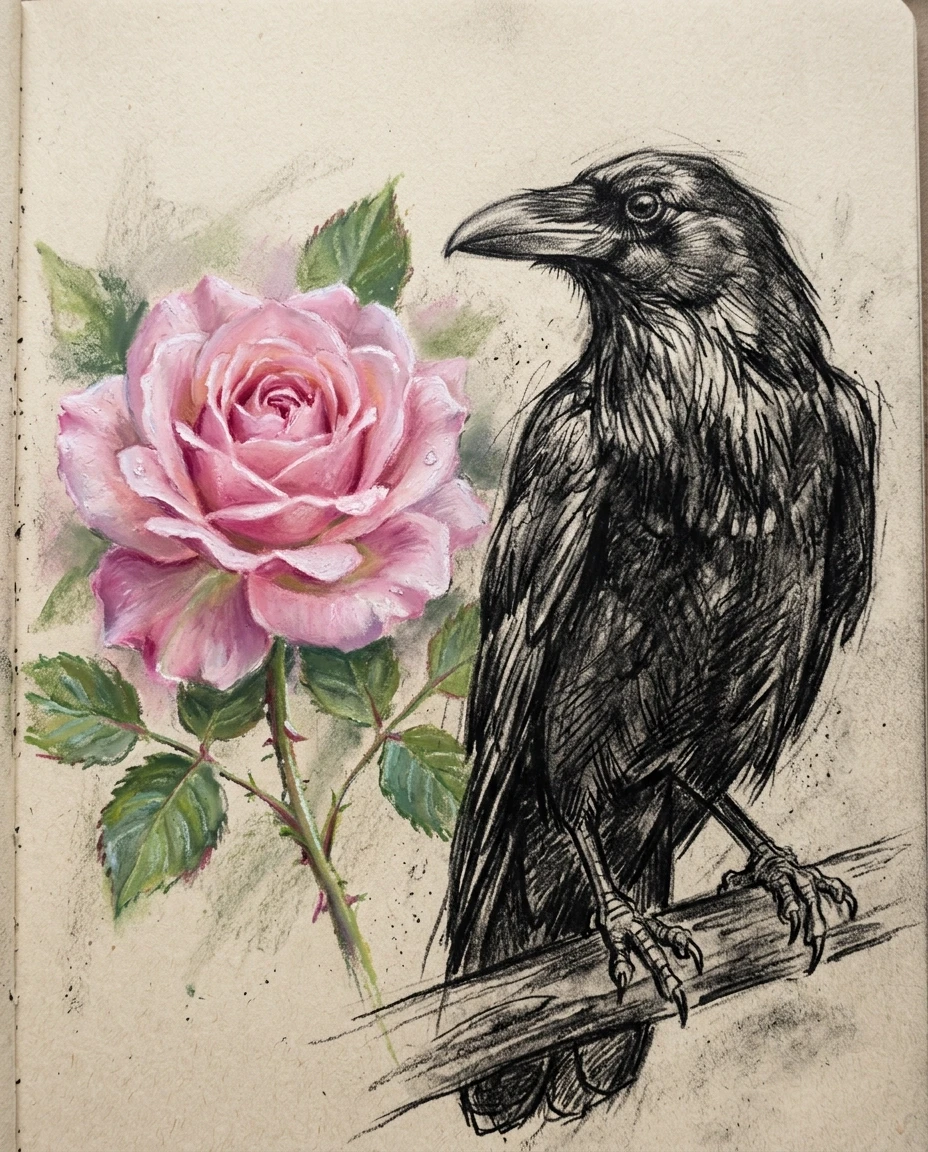 A real masterpiece. How artificial intelligence would depict: ((Aesthetics: Impressionism. An image of a delicate pink rose, made in pastel technique, and next to it sits a…