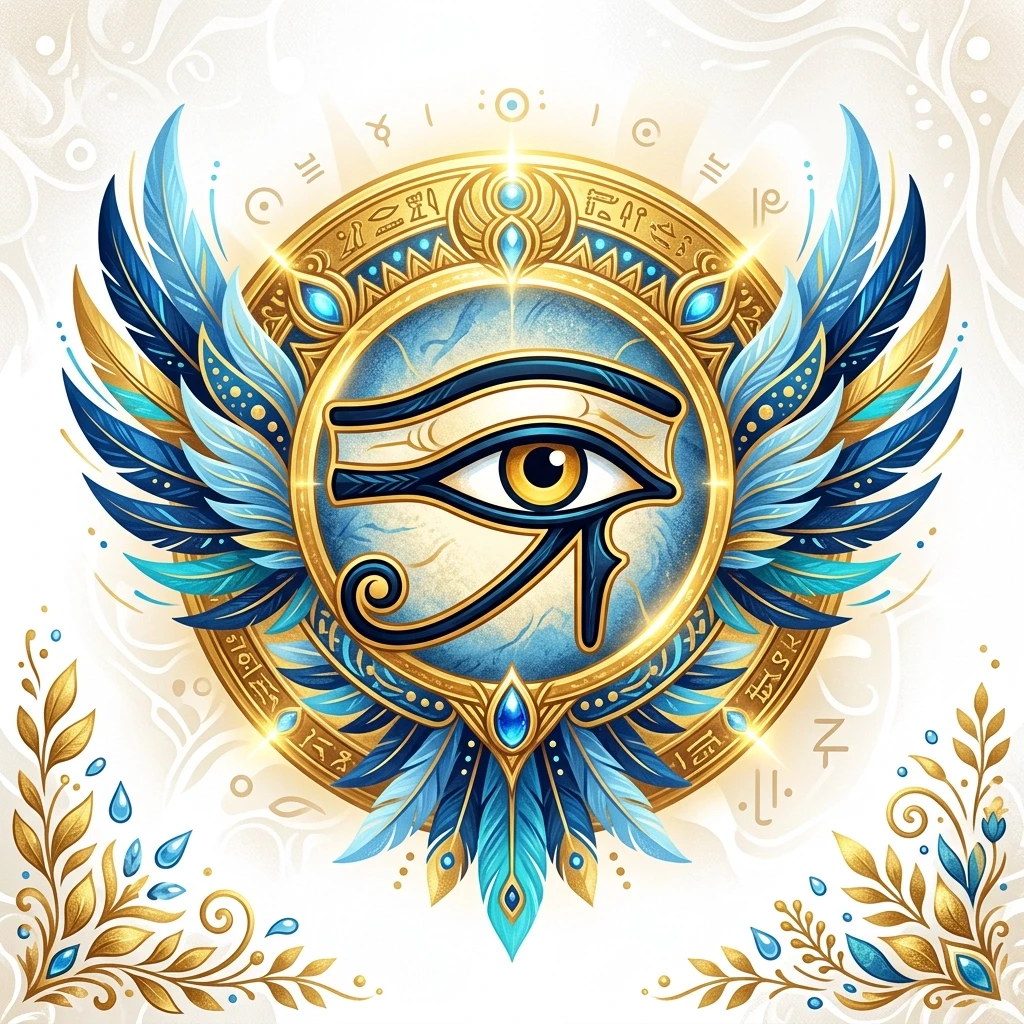 This is a bright and dynamic image made using digital graphics technology. It is a stylized eye of Horus enclosed in a golden circle. Design elements:The central element: The…