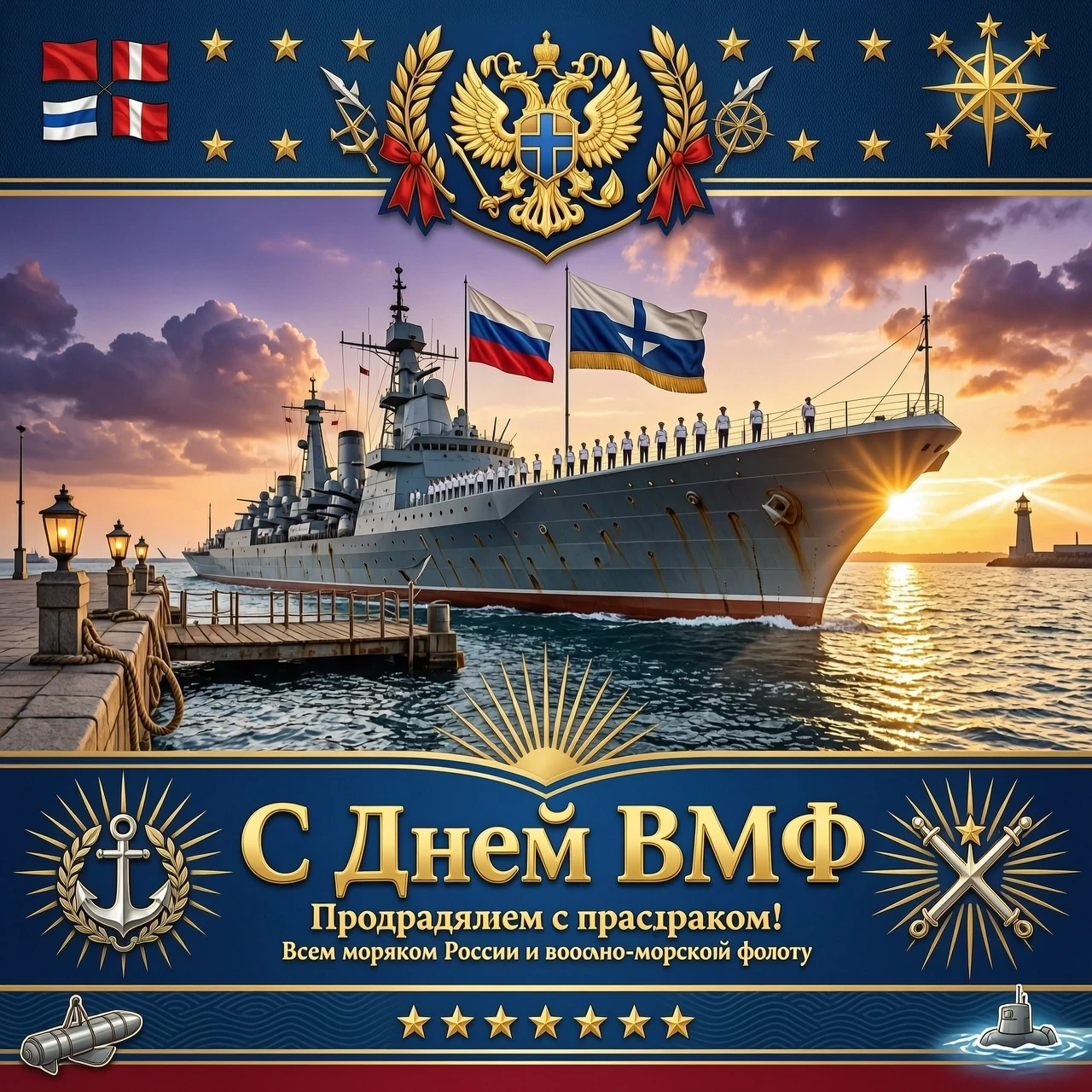 Картинка с поздравлением с днем ВМФ, с надписью "С Днём ВМФ". Фотки должны быть сочными и выглядеть роскошно, дорого, величественно, реалистично — работа пользователя…