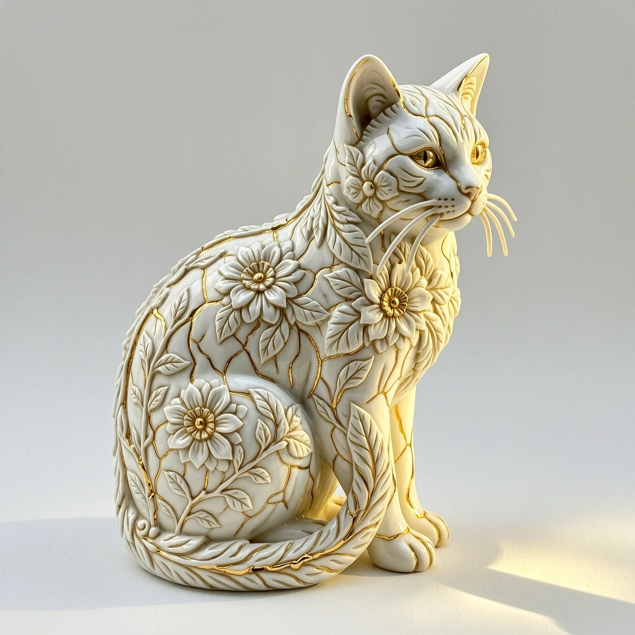 Digital image in Baroque and rocaille style with elements of kintsugi technique. Close-up. (Decorative sculpture made of white porcelain: 1.5). Golden cracks. Volume. The…