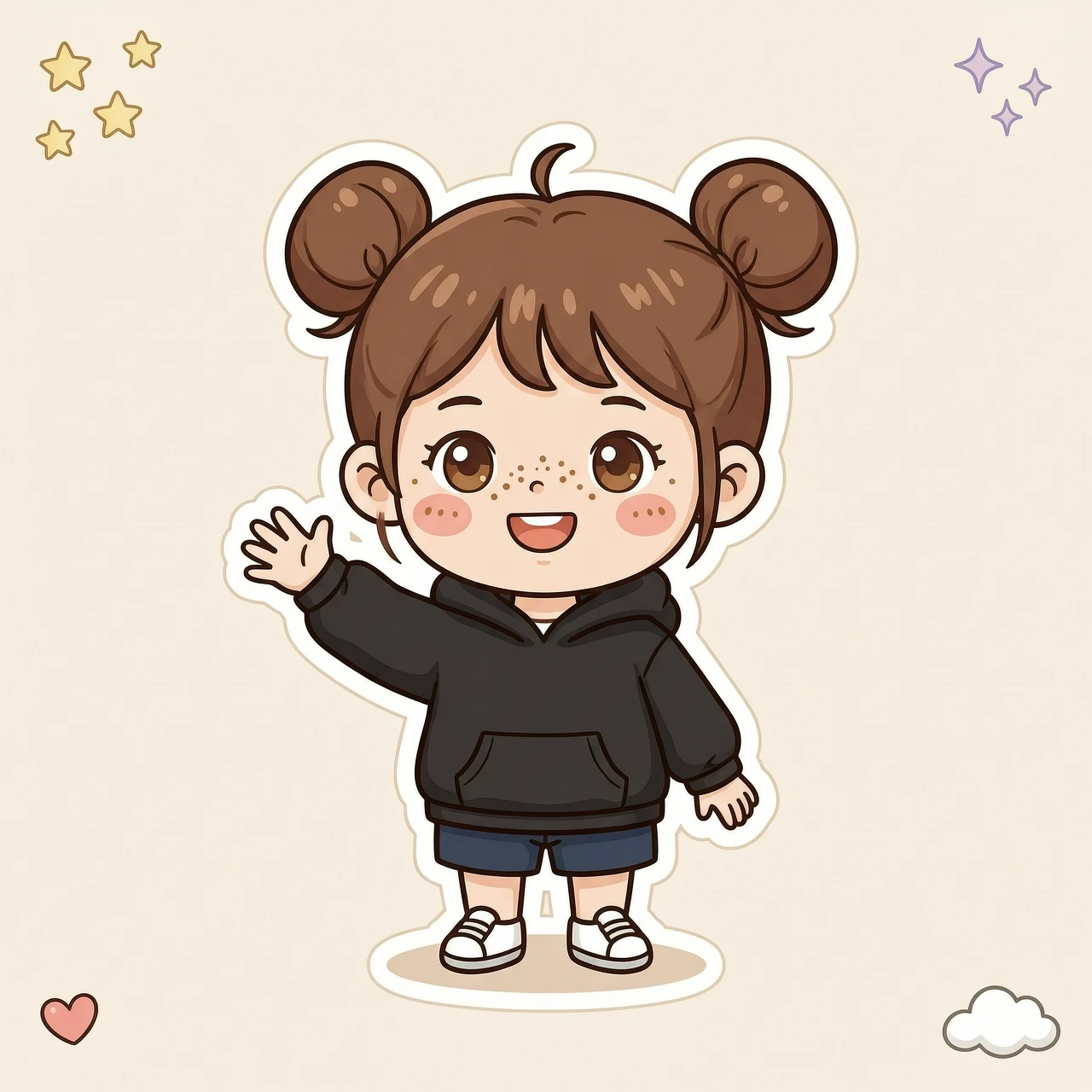 sticker, simple background, pretty beautiful 1girl with short brown hair, hair buns, black hoodie, freckles, brown eyes, waving her palm — работа пользователя Божественная Звезда