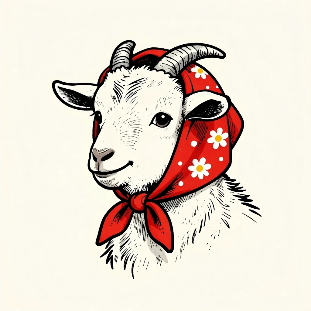 Whimsical hand‑inked portrait of a goat in three‑quarter view, head and shoulders composition, expressive almond eye and gentle smile, short curved horns peeking through a tied…