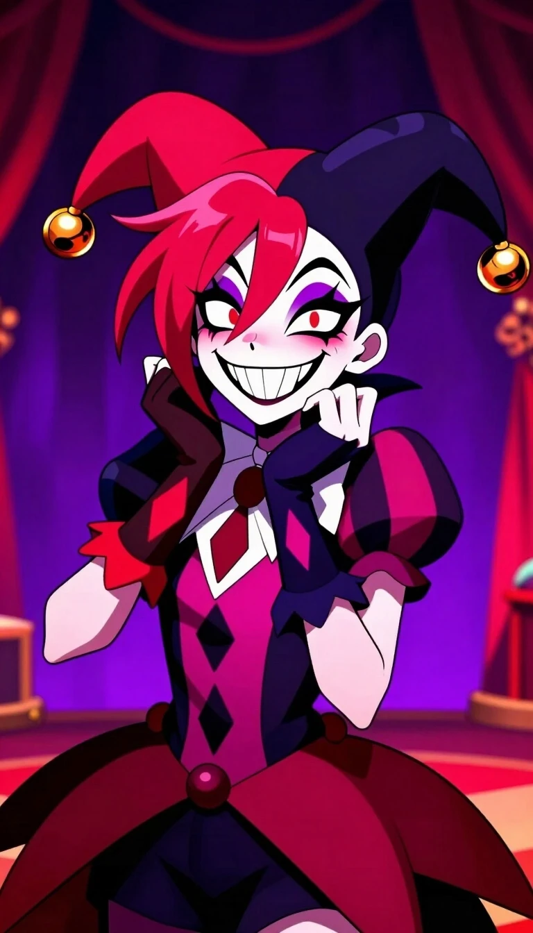 2D digital anime art style, a chaotic female jester character from "The Freak Circus", sharp mischievous grin with pointy teeth, asymmetric vibrant hair, wearing a…