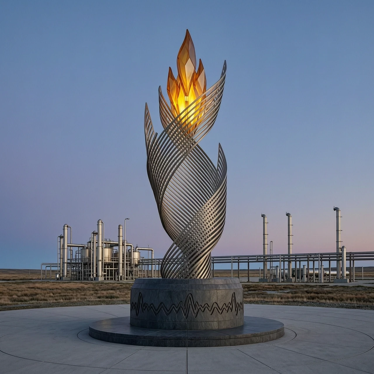 Photorealistic architectural visualization of a tall twisting metal flame monument in an open industrial gas field at dusk. The monument is made of overlapping steel feathers…