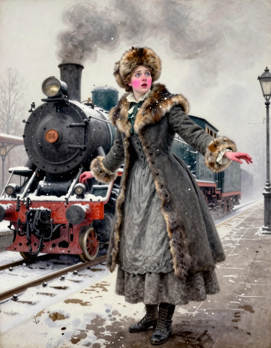 Russia, 1916, the station, the station platform, there is a steam locomotive shrouded in steam at the platform, it's winter outside, it's a fine snowfall. A tall,…