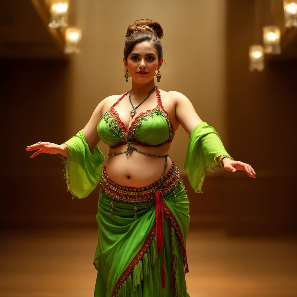 front view chubby belly dancer fifty years woman in green costume brown short ponytail hair stand in hall — работа пользователя Прекрасная Мантикора