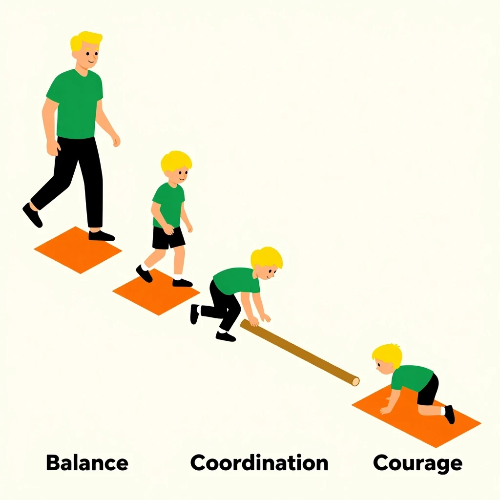 Infographic: stylized figures of Caucasian children and parents (blond hair) sequentially pass an obstacle course – step over bumps, crawl under a stick, climb a mat. Next to…