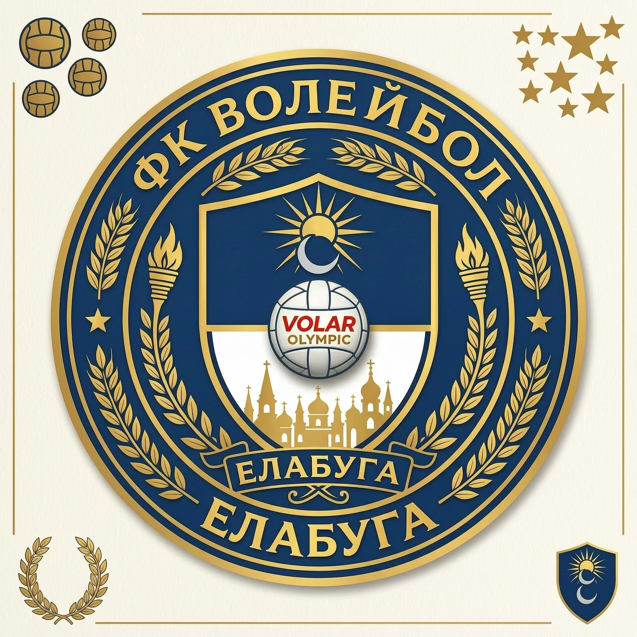 создай эмблему женского волейбольного клуба с гербом города Елабуга, с волейбольным мячом волар "олимп" без года — работа пользователя Суперсильная Экситон