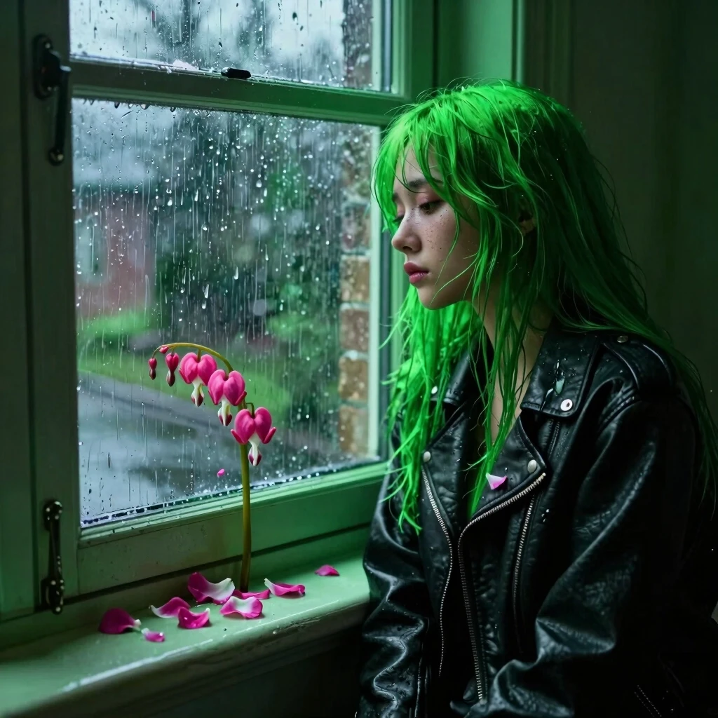 A girl with long green hair in a black leather jacket sadly looks out the window. Outside, it is raining. The room has a dim neon green light. A flower stands on the windowsill,…