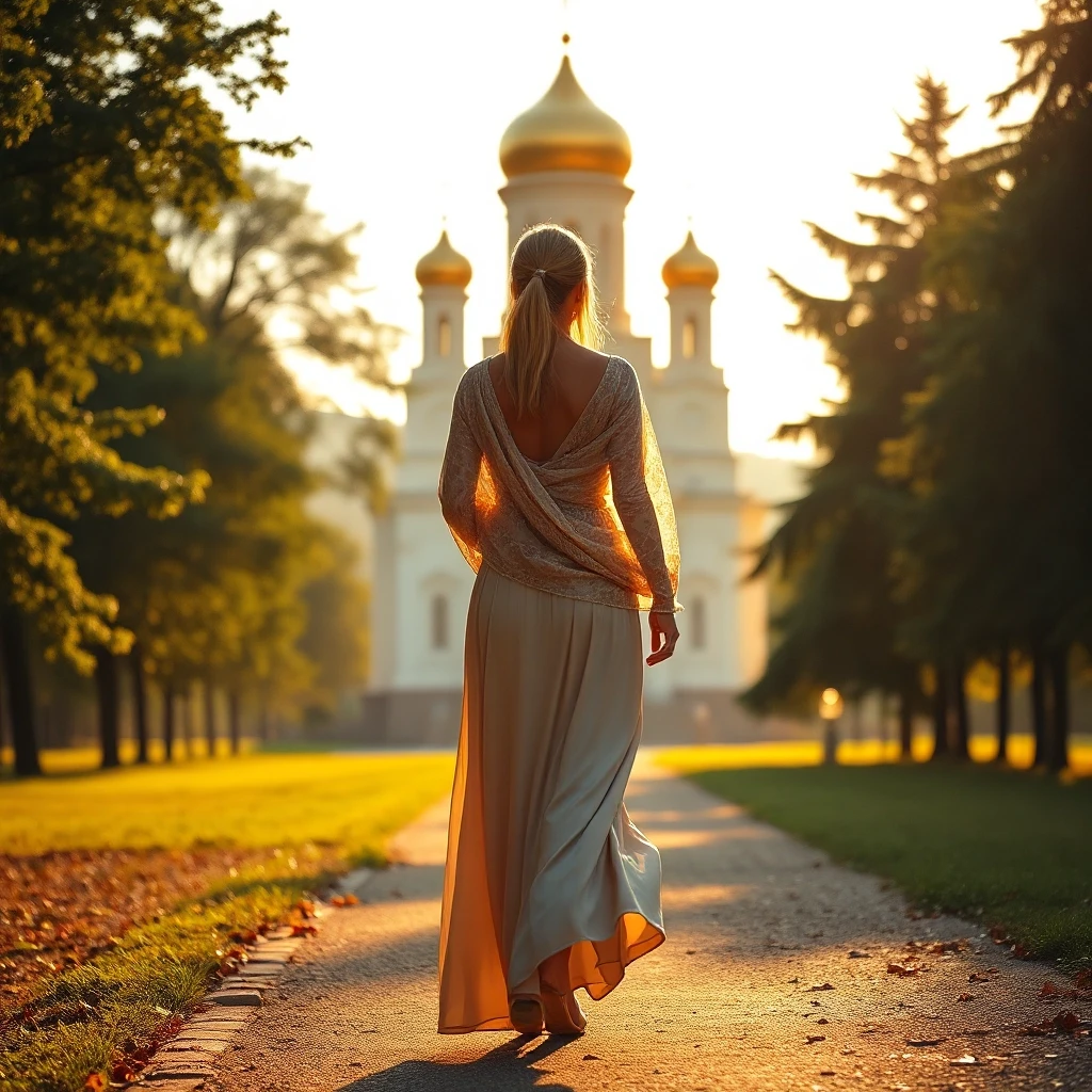 A beautiful woman walking toward a majestic Orthodox church, her figure softly illuminated by warm golden light. She wears a beautiful long floor-length dress made of…