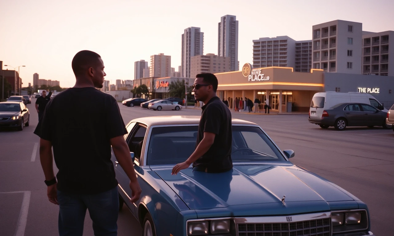 Miami. Late 1980's. In the parking lot of The Place club, two men are standing by the car and talking. A black guy in a T-shirt walks past them. One of the interlocutors…