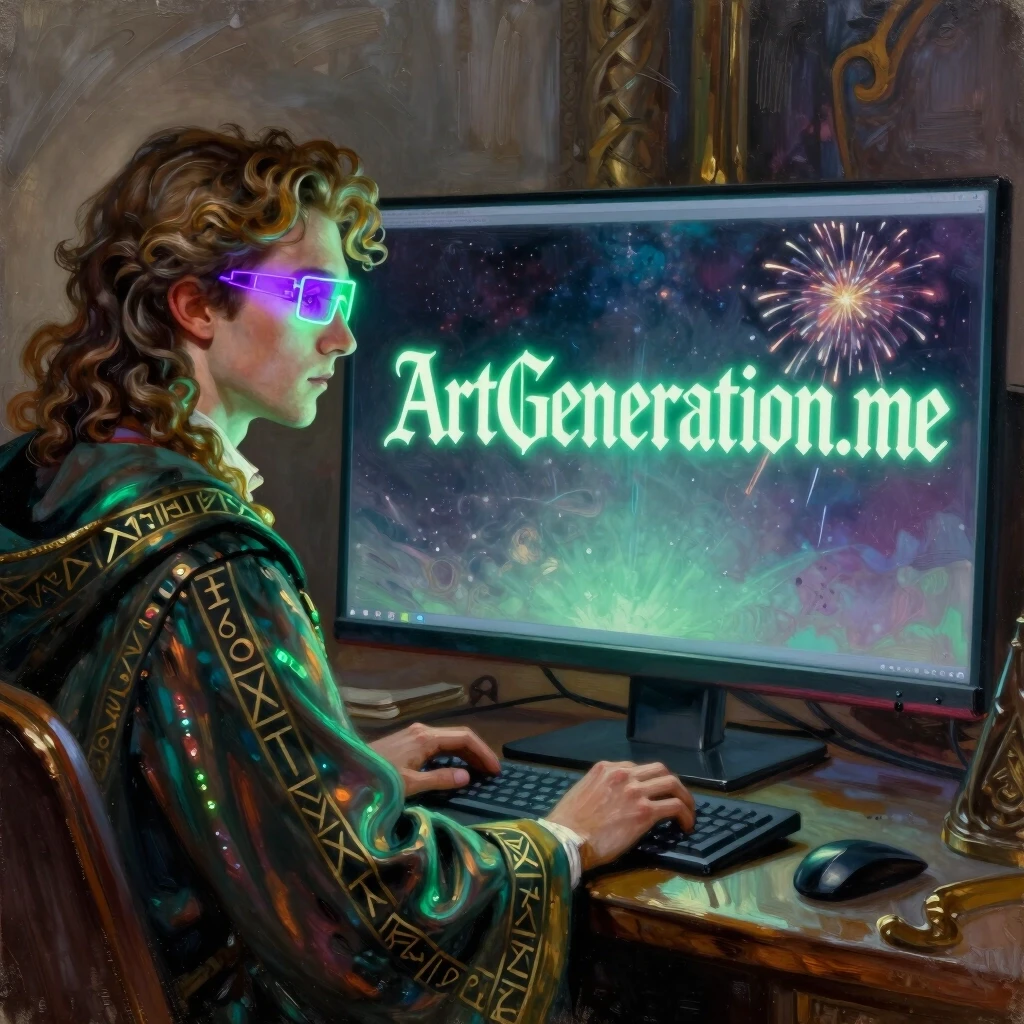 Close-up, oil painting, ink strokes, with elements of impressionism. An attractive young wizard in neon rectangular HUD glasses in purple-green tones, in a long iridescent cloak…