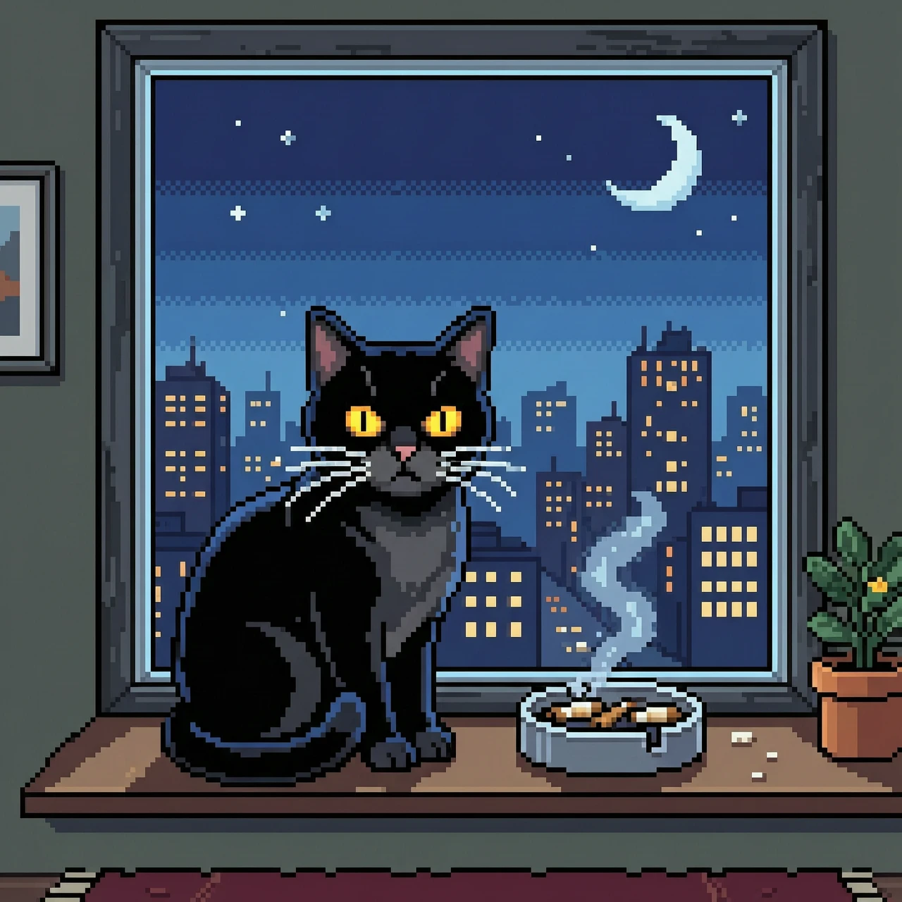 black cat with yellow eyes sitting on the windowsill next to it is an ashtray overlooking a night city with a blue sky pixelated — работа пользователя Сверкающая Комета
