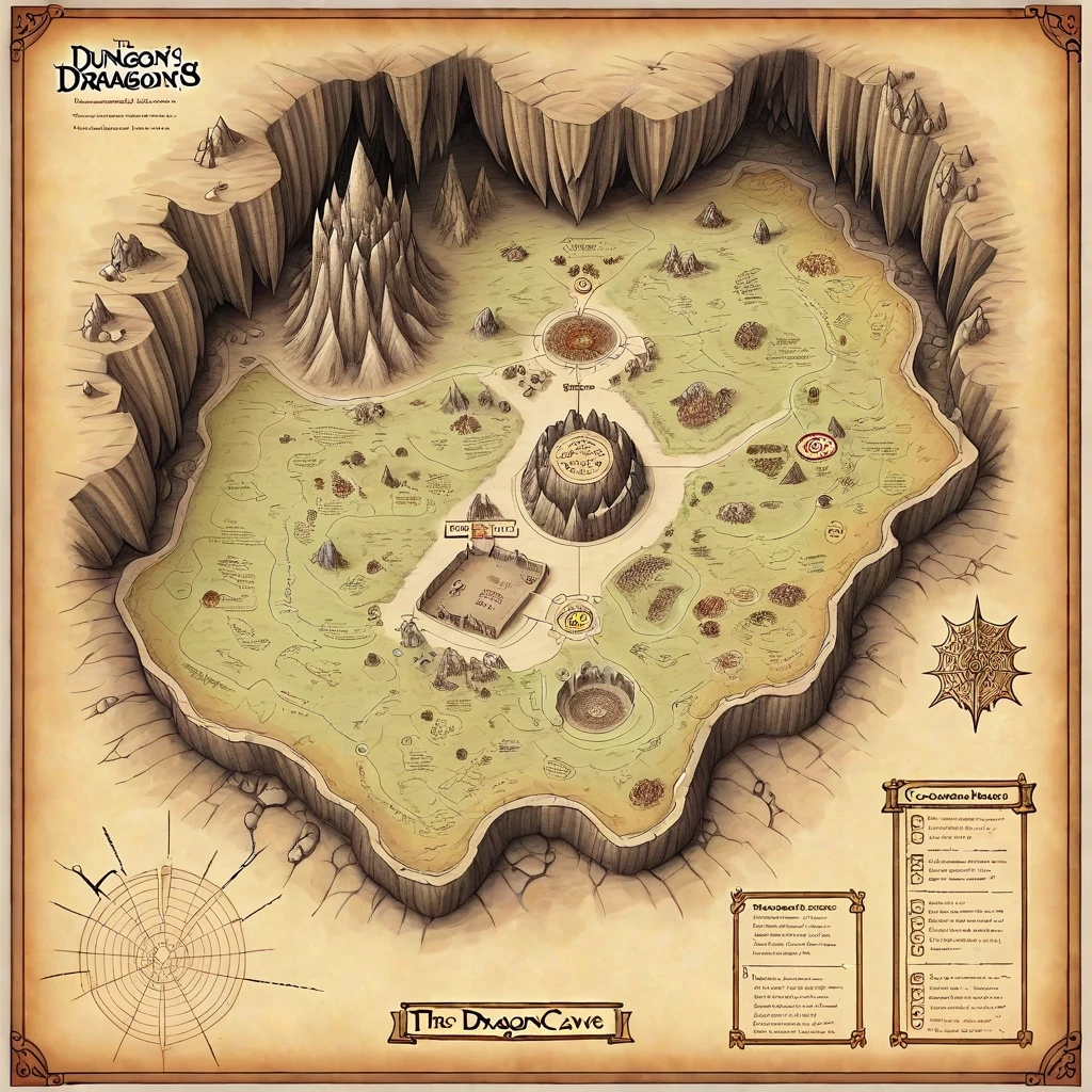 prompt: Dungeons and Dragons Hogwarts map, hand drawn map, scanned from book, the dragons cave adventure, black grid paper, fantasy cave map, module map for dungeon master, mega…