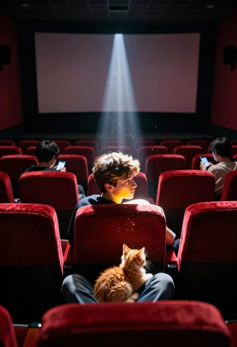 Photorealistic cinematic shot, 8K, Octane render, soft natural lighting. A medium-wide shot from behind the last row of seats, looking down the aisle towards the empty screen.…