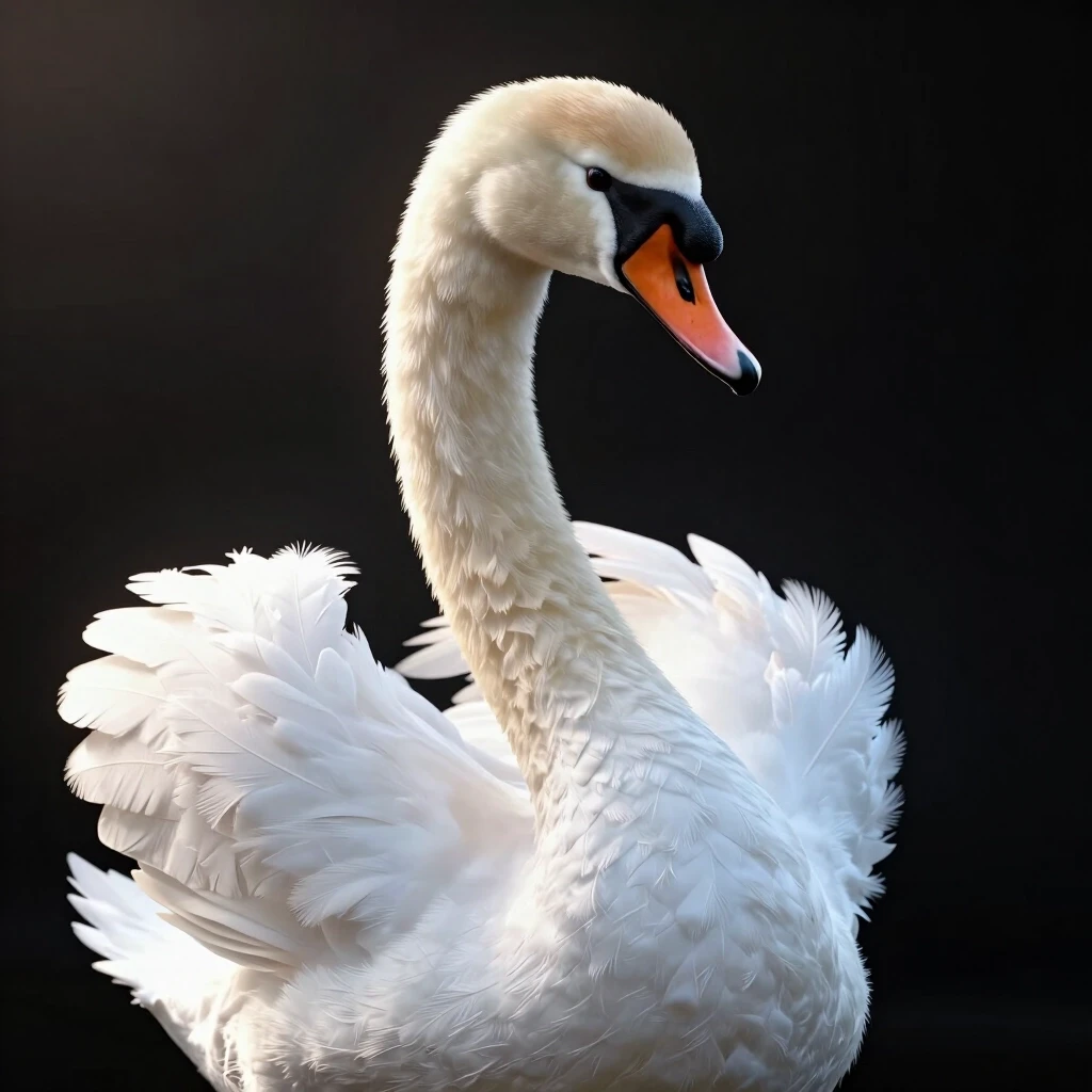 A high-end 3D character render of a breathtakingly beautiful white swan, elegant long curved neck, soft friendly intelligent eyes. Fluffy delicate down feathers, incredibly soft…