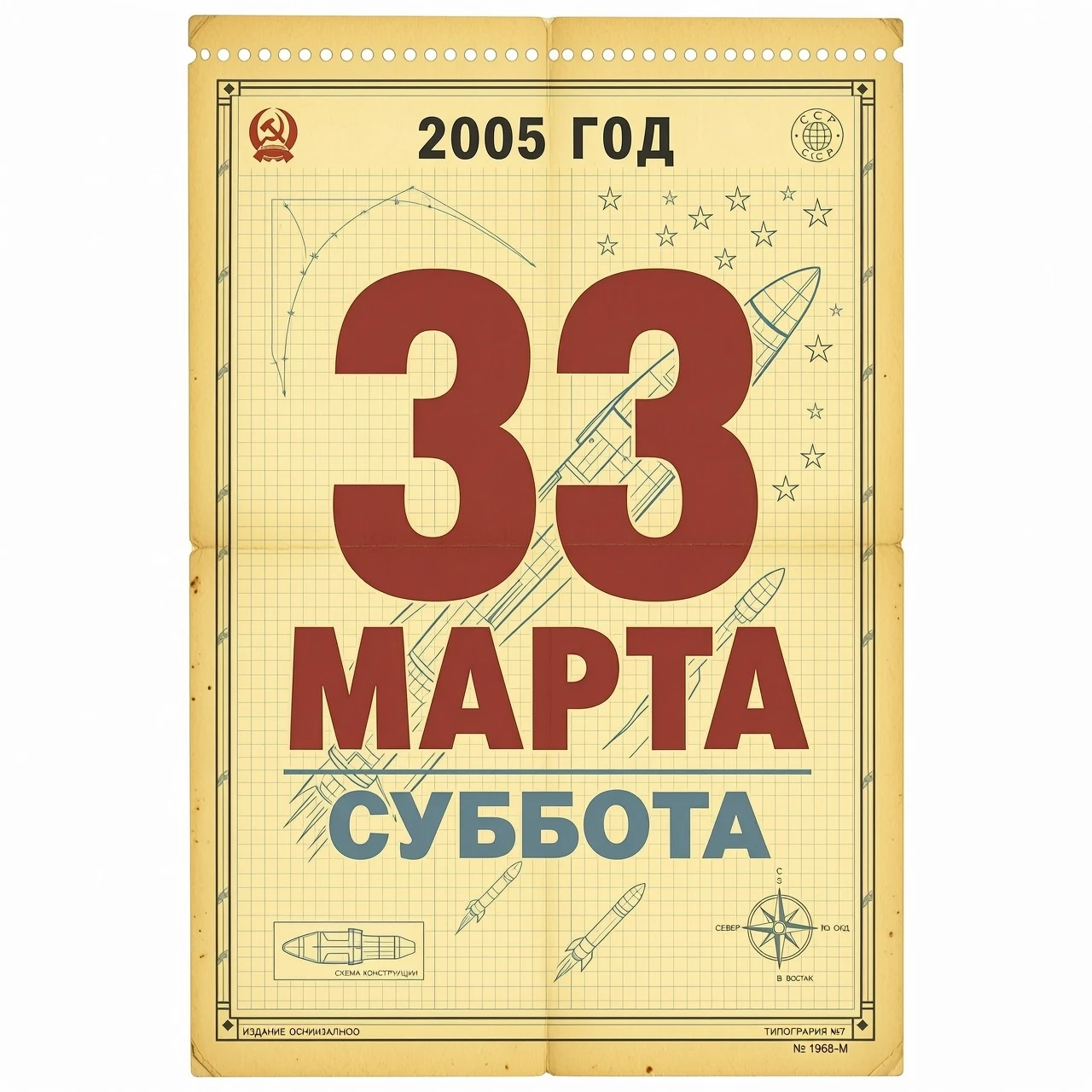 Вертикальный плакат А4, вид строго спереди, плоская графика. Листок советского отрывного календаря 1960-х годов. В самом верху листа четкая надпись "2005 ГОД". По…