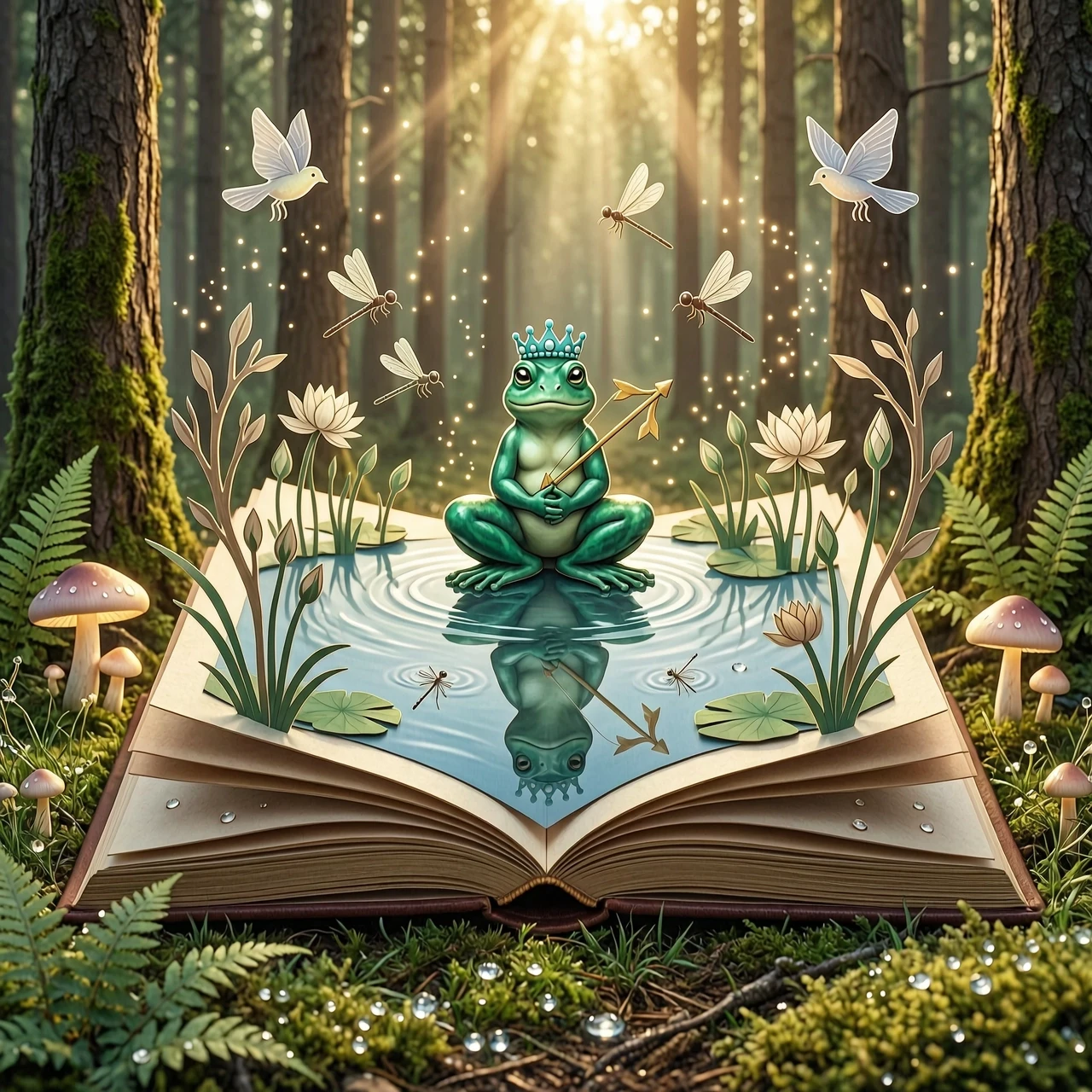 Открытая книжка‑панорамка в центре кадра, вид немного сверху и сбоку. Страницы объёмные, с бумажными 3D‑вырезками — они расходятся в стороны, создавая глубокую сцену. В центре…