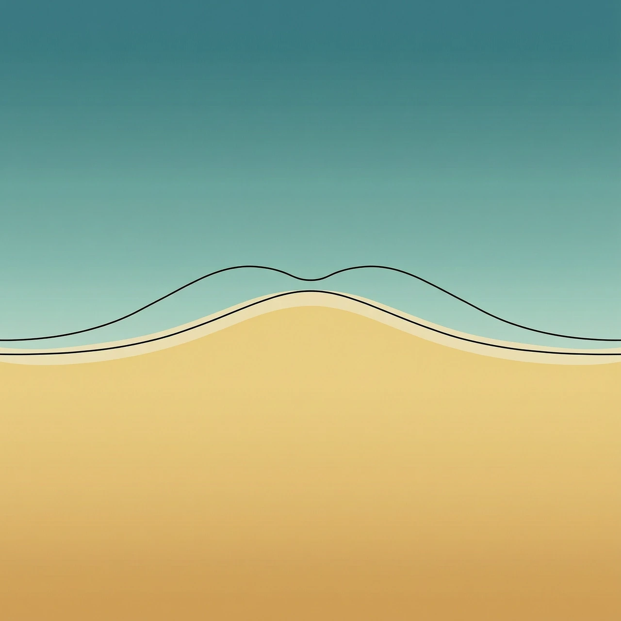 A vertical minimalist digital art for a romance novel cover, flat top-down view from above. The canvas is divided by a single fluid shoreline: the top area is calm turquoise sea…