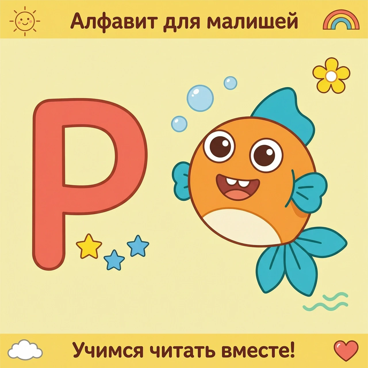 Мультяшная обучающая карточка формата А4 для первоклассников. Слева — крупная заглавная буква „р“ простым толстым шрифтом без засечек, высота буквы около 15 см. Справа —…