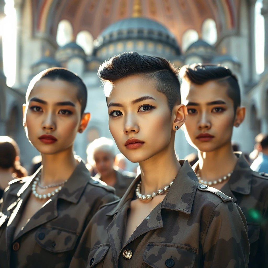 modelshoot style shot of a Hagia Sophia full of (Girls:1.1) , they are Unique, wearing Smart Platinum and Black Pearl Details [Safari clothing:Toga:9], Undercut hairstyle,…