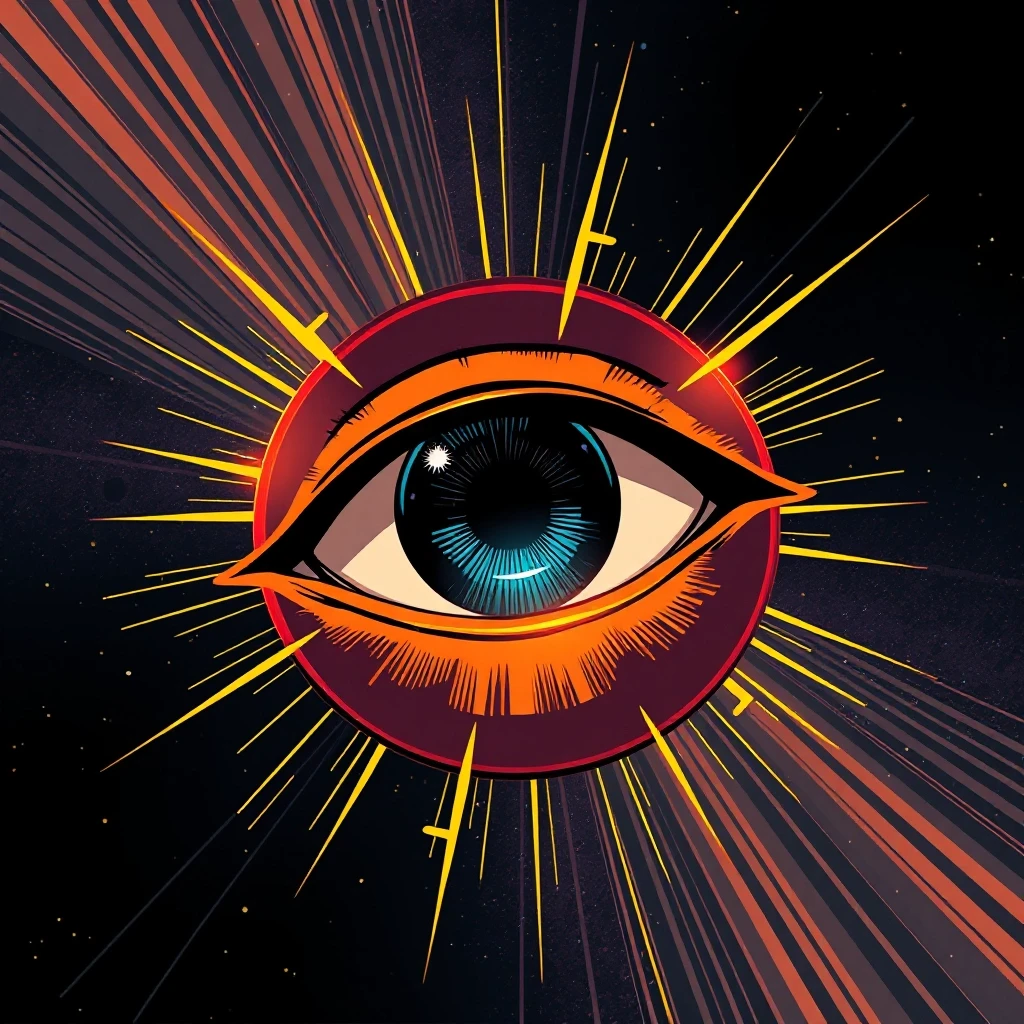 A giant cosmic eye floating in deep dark space, surrounded by glowing golden light rays, comic book style with cinematic dramatic lighting, dark graphic novel aesthetic, bold…