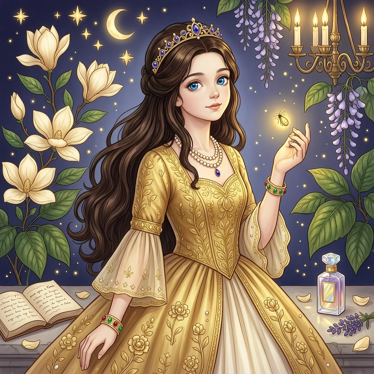 Create an artwork of a character — a girl, fairy‑tale-like, with long dark chocolate hair, blue eyes, a luxurious golden dress, soft lighting, and high detail. — работа…