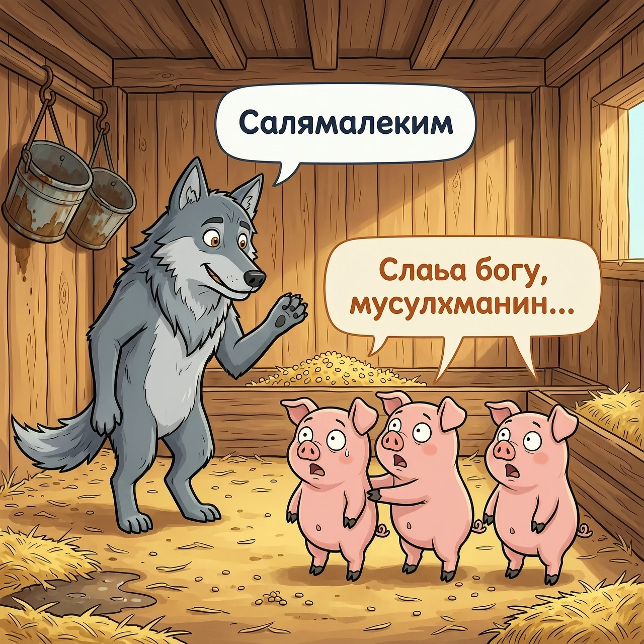 Нарисуй юмористическую иллюстрацию в стиле цифровой живопись: большой серый волк уверенно заходит в деревянный свинарник, слегка наклонив голову и приветливо подняв лапу. Его…