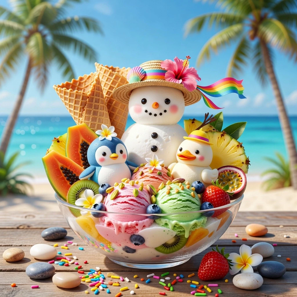 Bright, photorealistic 3D rendering of a tropical dessert in a transparent crystal bowl on a wooden table against the background of the beach. In the center stands a cute round…