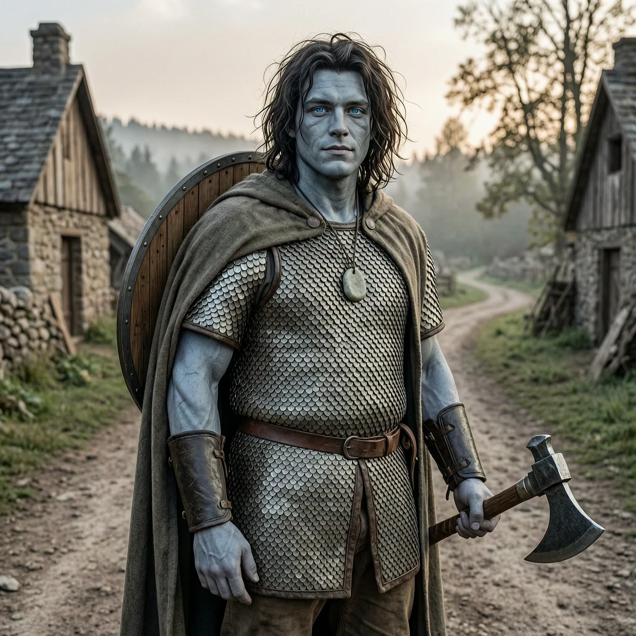 Fantasy character art, portrait of a young male half-goliath half-human adventurer, about 25 human years old. He has a massive, sturdy, muscular build and broad shoulders, but…