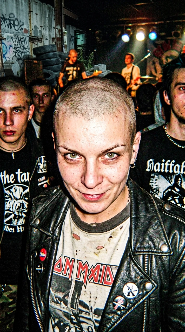 Authentic archival photo from the mid-2000s, grainy low-quality digital camera aesthetic, candid shot of a young woman with a shaved head, non-conformist alternative style. She…