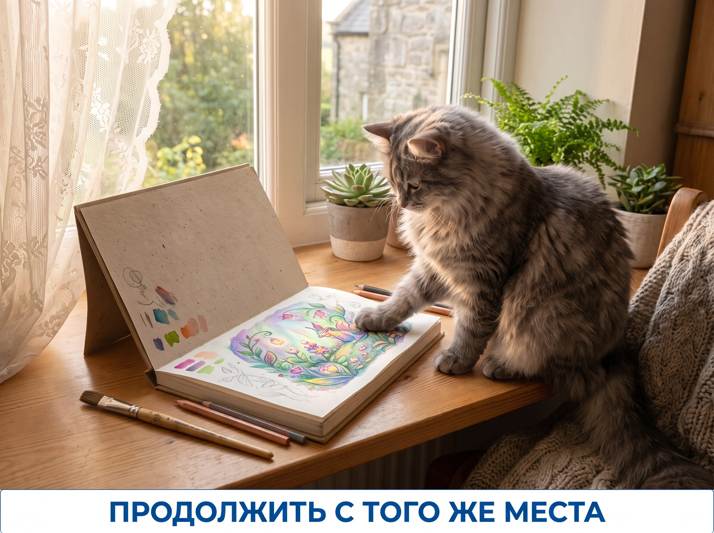 A charming fluffy grey cat sitting on a windowsill beside an open sketchbook, one paw resting on the page. On the page a bright colorful illustration is half-finished and…
