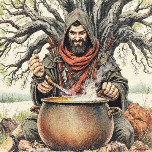 Эпическое фэнтези средневековье. Наёмник в одежде ниндзи или плута замер над большим походным котлом. Он готовит похлёбку, в одной руке у него щепотка специй которые он спит в…