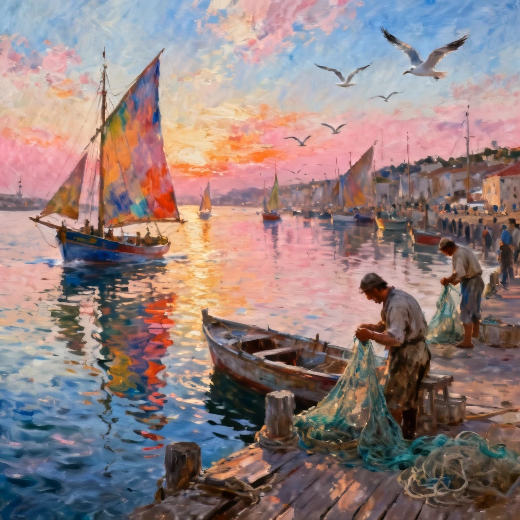 A vibrant digital painting capturing the lively atmosphere of a bustling harbour at dawn. Fishing boats with colorful sails are returning to shore, their reflections shimmering…