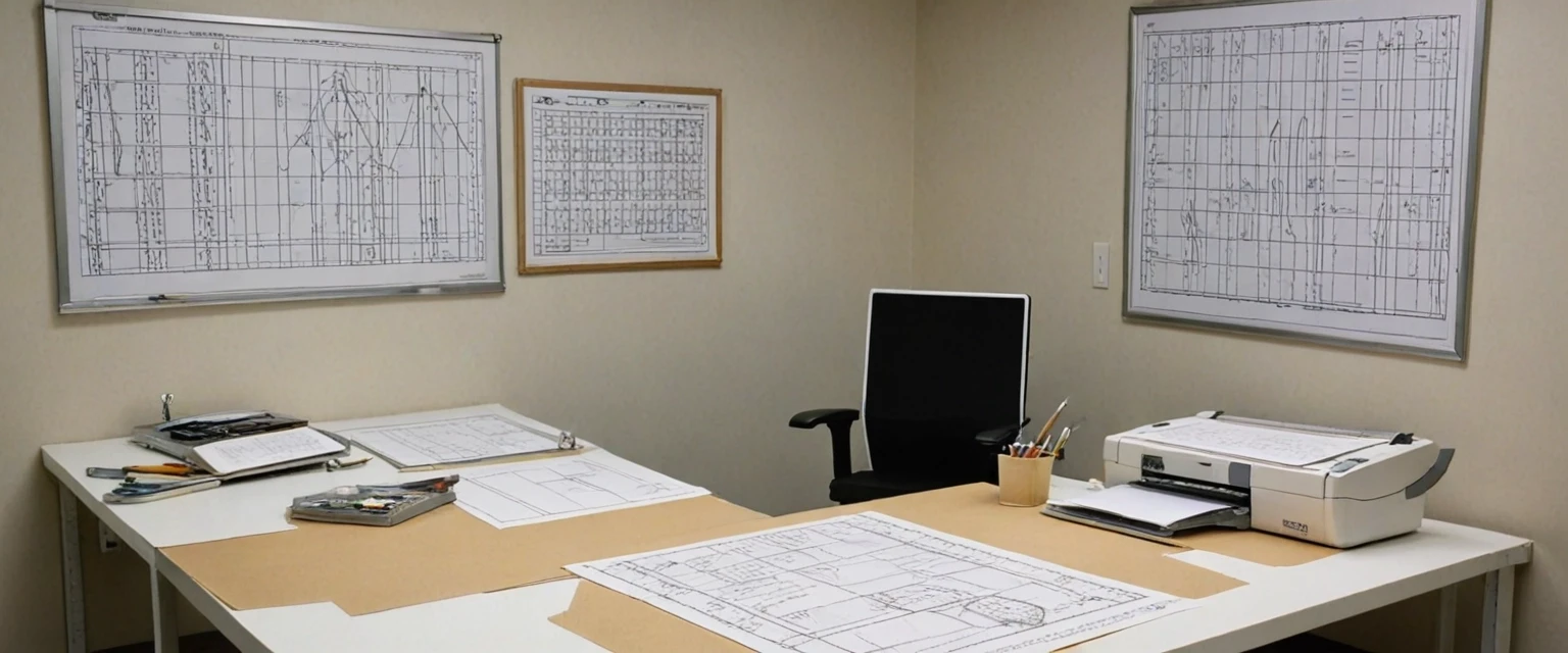 Photorealistic, frontal view of a clothing pattern design bureau. Foreground: a matte white desk with neatly arranged paper sewing patterns, transparent plastic drafting rulers…