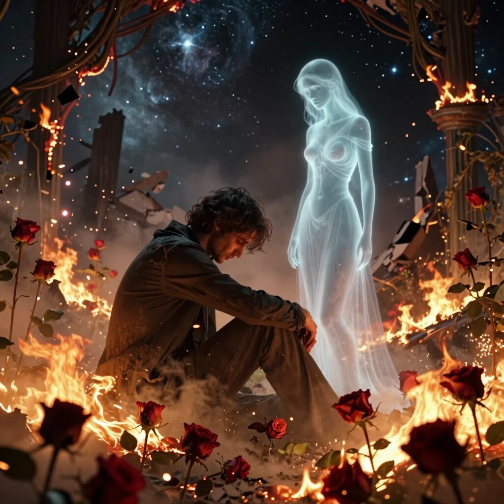Dramatic fantasy digital art. Tragic destruction of paradise. A beautiful blooming Garden of Eden slowly burns, turning to dust, engulfed in smoldering embers and sparks. In the…