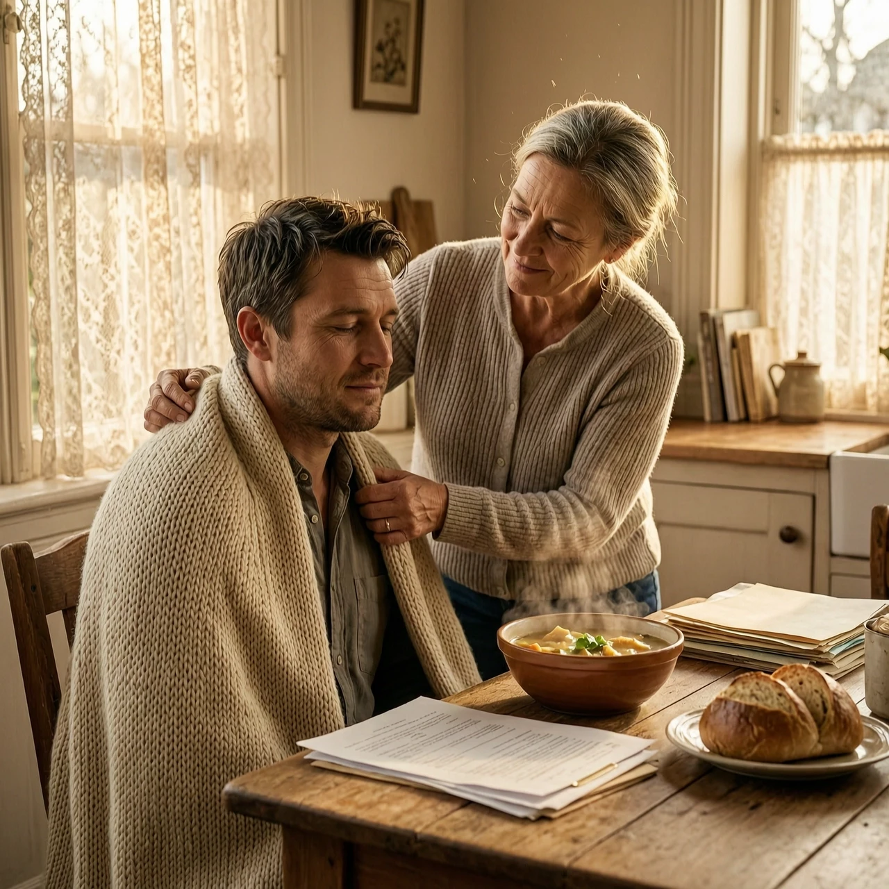 Cinematic photorealistic shot, emotional storytelling photography. A man in his late 20s, looking weary but deeply relieved, sits in a sun-drenched, cozy kitchen, resting in a…