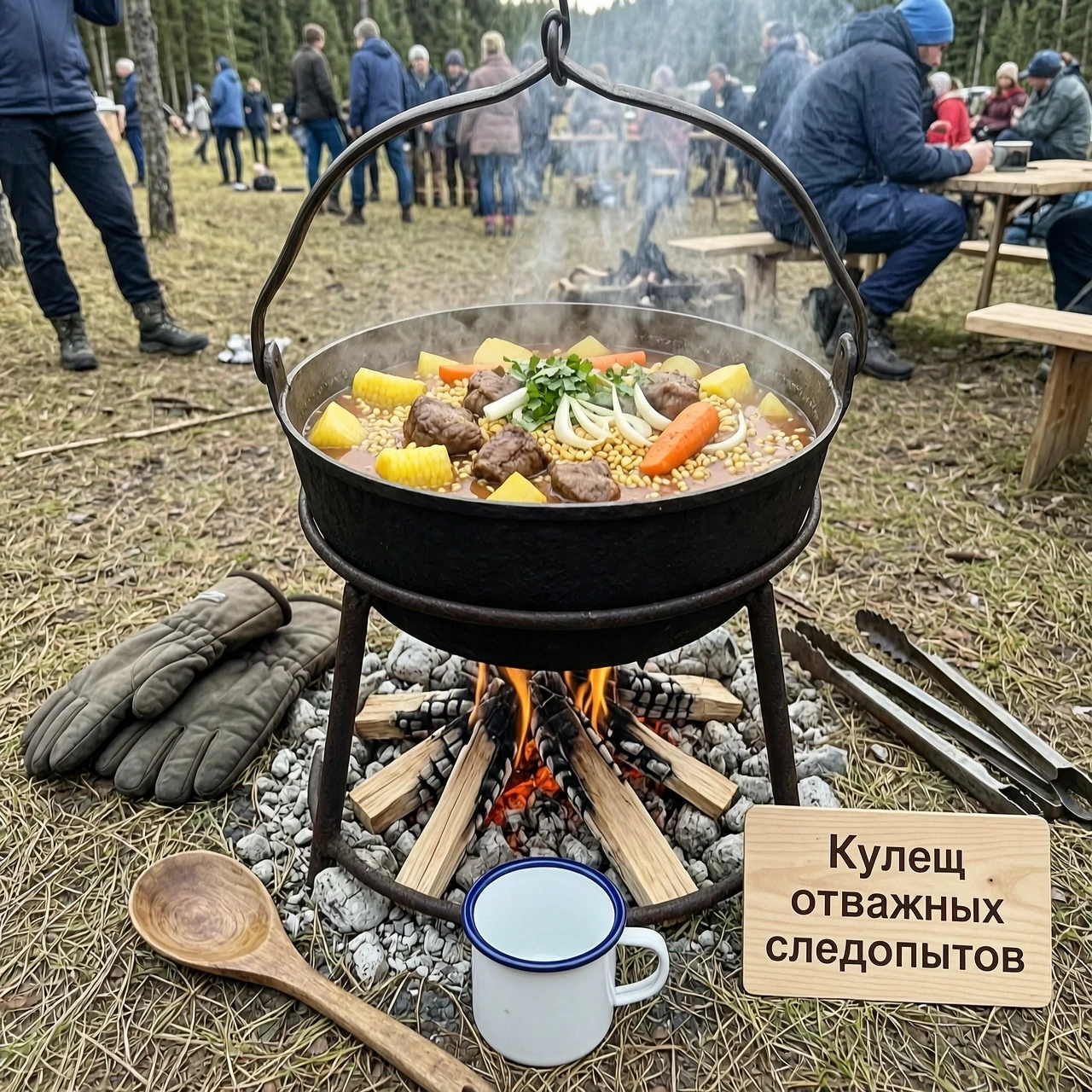 Фотореалистичное изображение на турслёте: в центре — чугунный котелок с горячим кулешом, из него поднимается пар. В супе видны кусочки картошки, пшена, тушёнки, лука и моркови.…