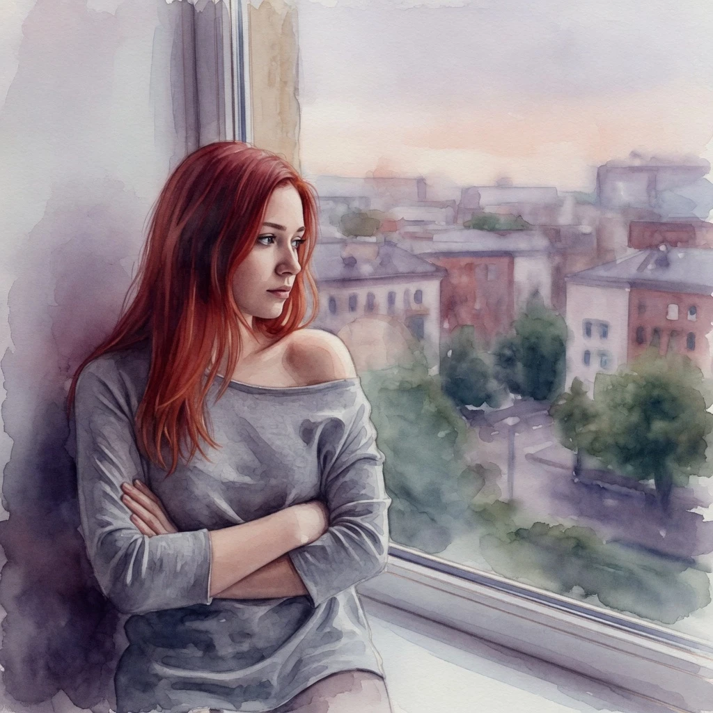 The image is a portrait of a young woman with long red hair. She is sitting on a window sill, looking out with a thoughtful expression on her face. The woman is wearing a gray…