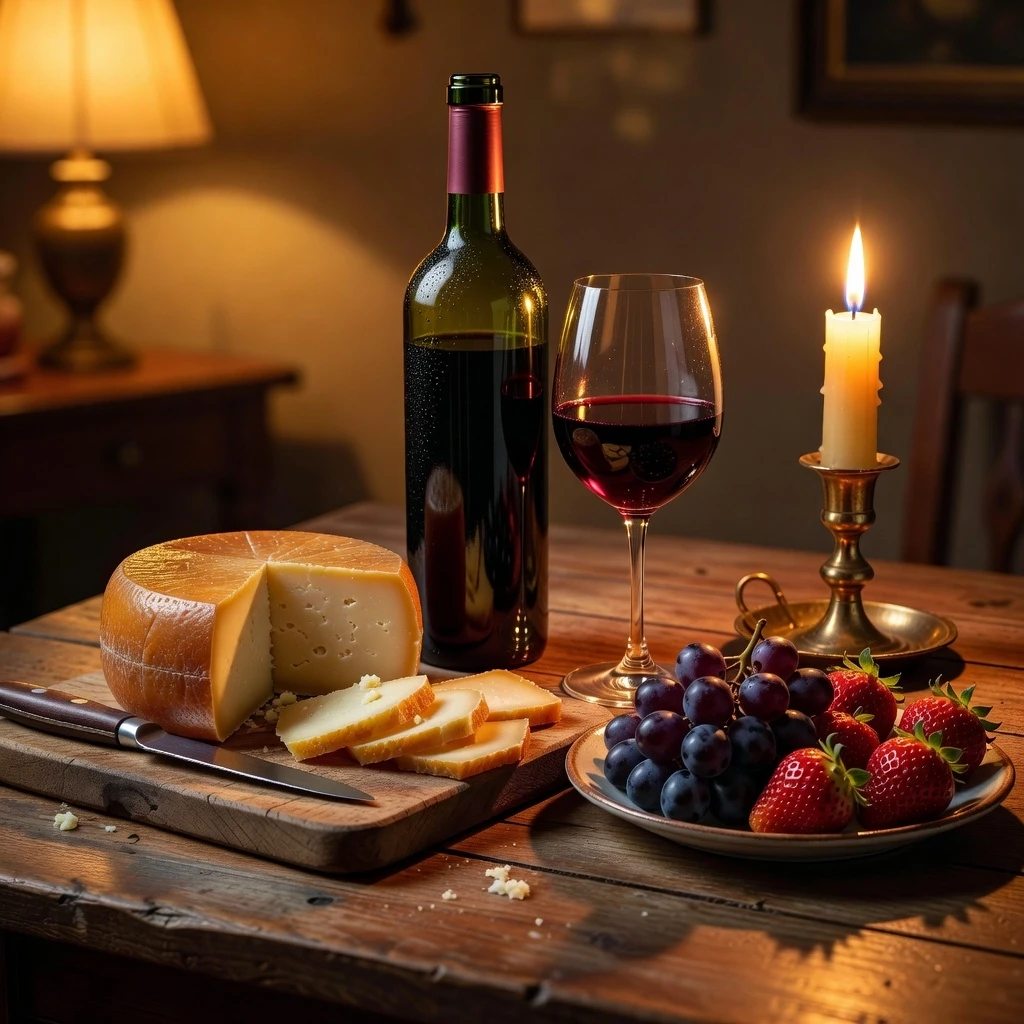 Close-up cozy evening still life on a wooden table. At the center — an open bottle of red wine, next to it a transparent wine glass filled exactly halfway with red wine. On a…