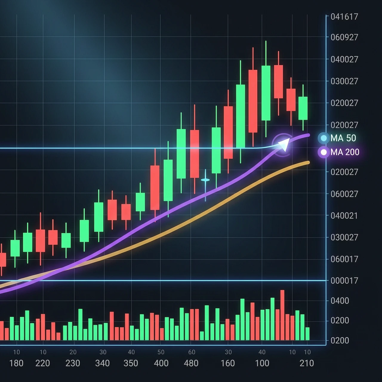 Create an image for a post in the style of a stock market terminal. Format: square 1080x1080. Style: minimalistic, high-tech, dark background (colors #0a0e17, #111927). Use neon…