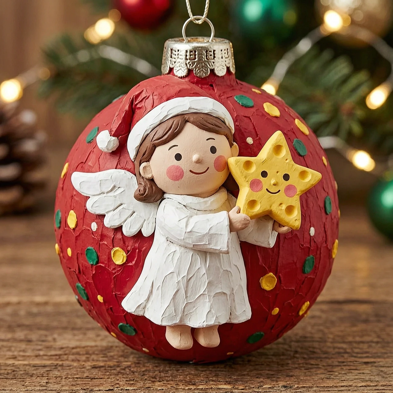 3D character design, a little angel girl Christmas bauble made of papier-mâché. Cartoonish features, rosy cheeks, wearing a simple white robe. She holds a big cheese star.…