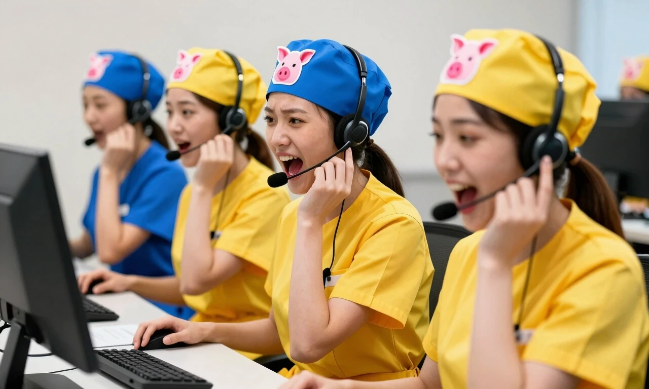 Stupid, stupid girls in yellow and blue medical uniforms are sitting in a call center, shouting into headsets, wearing blue and yellow medical caps with a picture of a pig's…
