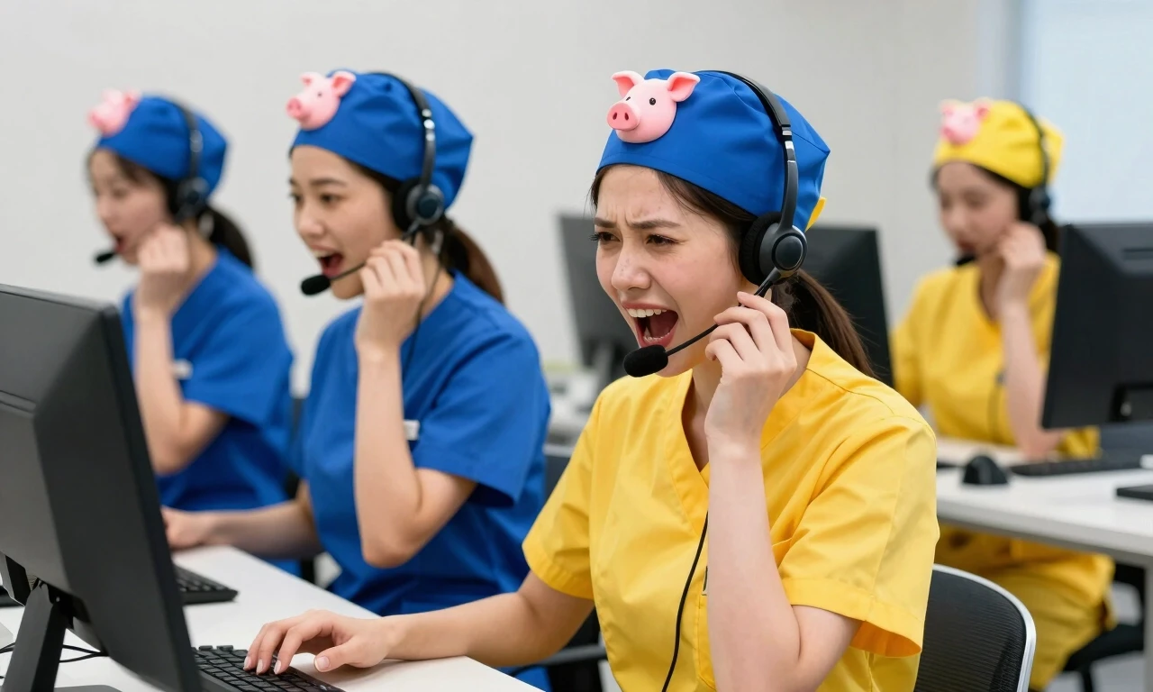 Stupid, stupid girls in yellow and blue medical uniforms are sitting in a call center, shouting into headsets, wearing blue and yellow medical caps with a picture of a pig's…