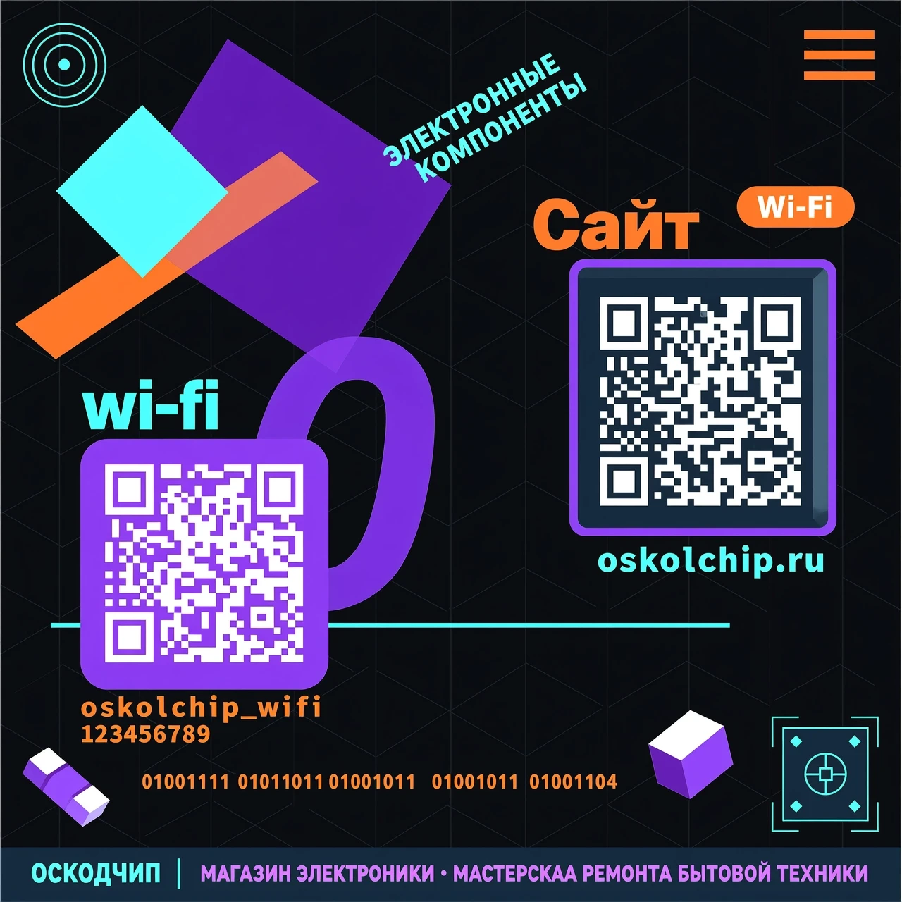 сгенерируй плакат для магазина электронных компонентов по совместительству мастерская по ремонту бытовой техники. на плакате должно быть два qr-кода. над первым qr-кодом…